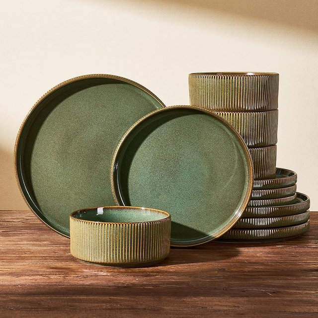 Stoneware Dinnerware Sets, Handcrafted Double Reactive Glaze Plates and Bowls for Everyday & Formal Dining, Microwave & Dishwasher Safe, Scratch Resistant Dishes Service for 4 (12-Piece), Moss