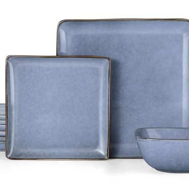 Herogo 12-Piece Square Stoneware Dinnerware Set for 4, Dinner Plates and Bowls Sets, Double Reactive Glaze Dishware Place Setting for Kitchen, Scratch Resistant, Microwave Safe, Haze Blue