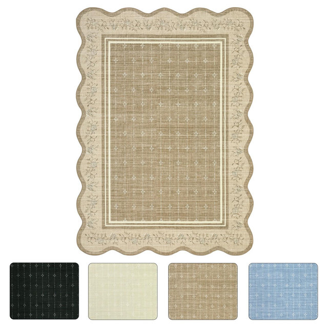 5'x7' Washable Scalloped Living Room Bedroom Rugs, Indoor Modern Non Slip Dining Room Rugs, Low Pile Floral Print Throw Carpet for Home Decor, Brown