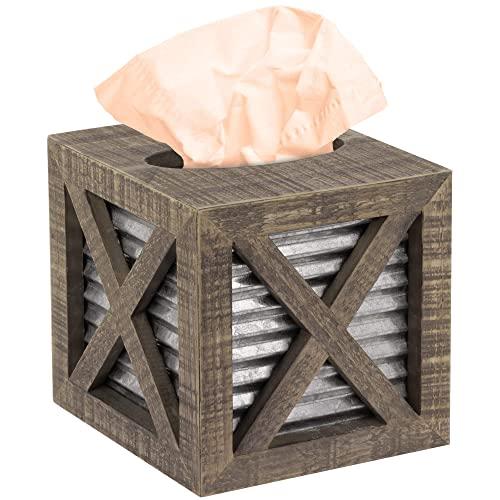 Autumn Alley Barn Door Rustic Square Tissue Box Cover | Farmhouse Bathroom Accessories | Rustic Bathroom Décor Tissue Holder | Wood Tissue Box Cover with Galvanized Decor