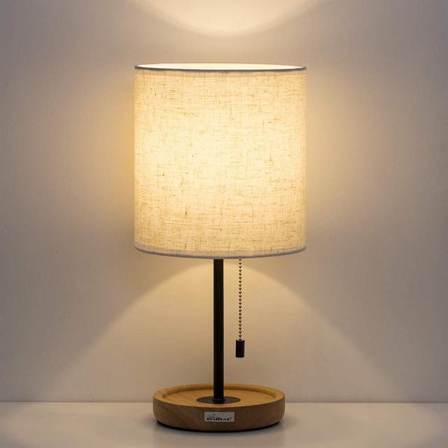 HAITRAL Bedside Table Lamp - Modern Nightstand Lamp with Linen Fabric Shade Wooden Desk Lamps for Bedrooms, Office, College Dorm, Dinning Room, Girls Room - 16 Inches (HT-AD005)