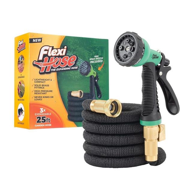 Flexi Hose with 8 Function Nozzle, 25FT - Lightweight Expandable Garden Hose, No-Kink Flexibility, 3/4 Inch Solid Brass Fittings and Double Latex Core