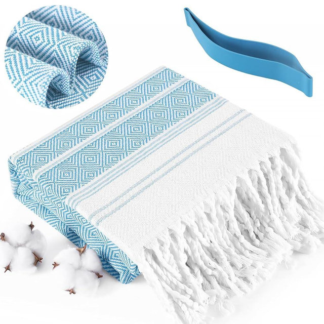 Oversized Cotton Turkish Beach Towels 74"x38" Thin Quick Dry Sand Free Pool Swim Bathing Towel Extra Large Blanket Adult Travel Essentials Cruise Accessories Must Haves Summer Light Blue Stuff