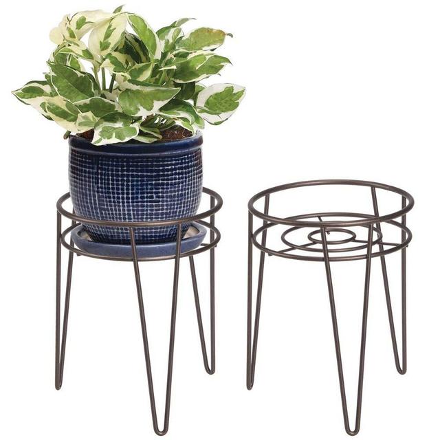 mDesign Midcentury Modern Flower, Plant, and Succulent Stand Minimalist Planter - Metal, Indoor, Outdoor Design Hairpin Legs - Sturdy - 9.2" Tall - Set of 2 - Bronze