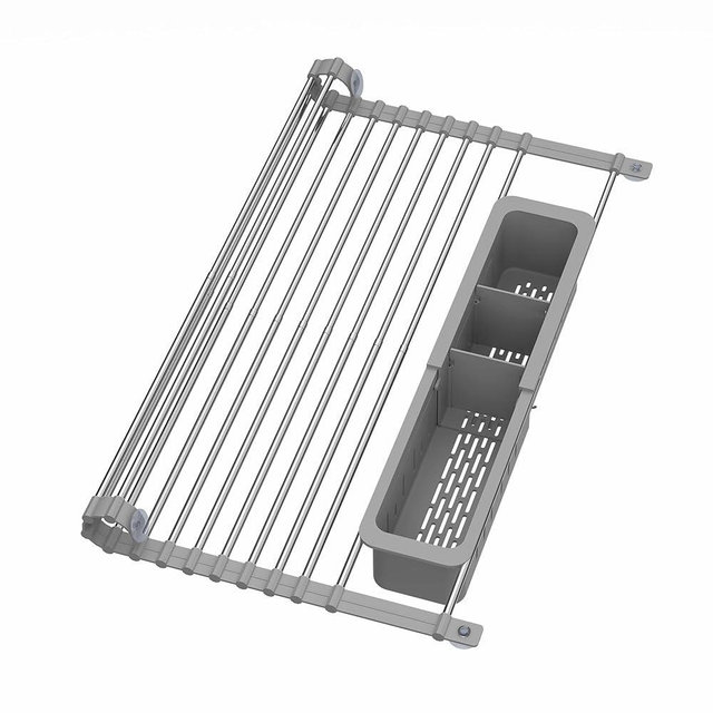 Yofidra Expandable Roll-Up Dish Drying Rack (Up to 21.46") with Expandable Storage Basket, Over-The-Sink Dish Drainer Drying Rack, Foldable Stainless Steel Kitchen Drainer - Grey