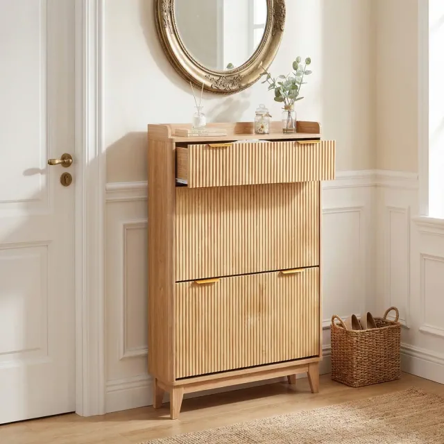 Narrow Fluted Shoe Cabinet for Entryway, Small Double Door Shoe Storage Organizer with Adjustable Shelves for Small Spaces
