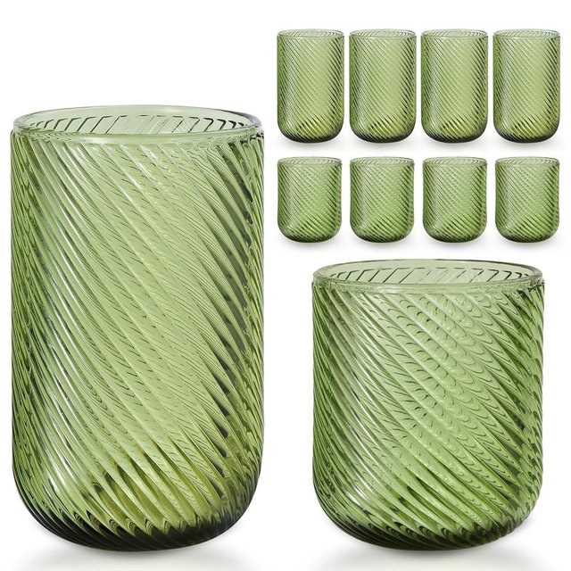 WeirdUncle Set of 8 Ribbed Glassware,4 Highball Glasses 14oz & 4 Rocks Drinking Glasses 9oz, Origami Style, Fluted Design, for Milk, Water, Cocktail, Juice, Beer, ToothBrush Cup, Gif (Leaning Green)