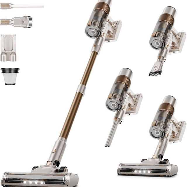 Cordless Vacuum Cleaner: Portable 6-in-1 Stick Vacuum with Anti-Tangle Brush, LED Headlight, Self-Standing, HD Display, Rechargeable Vacuum for Pet Hair, Low-Pile Carpet and Hardwood Floor-Off White
