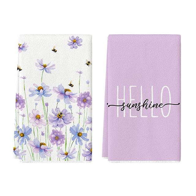 Artoid Mode Purple Flowers Bee Hello Sunshine Spring Kitchen Towels Dish Towels, 18x26 Inch Seasonal Summer Holiday Decoration Hand Towels Set of 2
