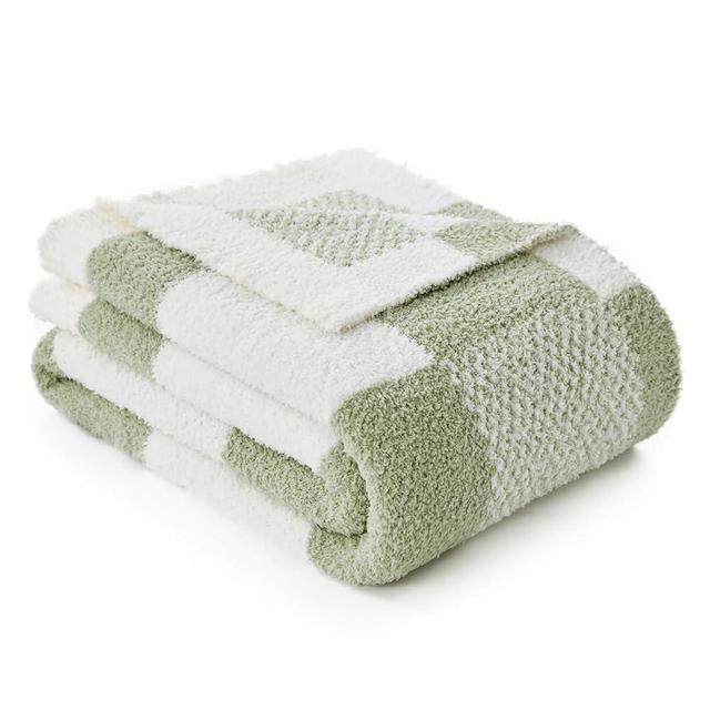 Snuggle Sac Checkered Blanket, Sage Green Throw Blanket for Couch Plaid Microfiber Fluffy Warm Cozy Fuzzy Soft Throw Blanket Reversible Checker Blankets for Sofa, Chair, Bed, 60x80 inches