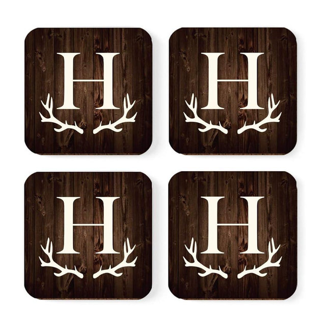 Andaz Press Square Coffee Drink Monogram Coasters Gift Set, Initial Letter H, Rustic Wood Deer Antler, 4-Pack, Wedding Bridesmaid Maid of Honor Gifts, Housewarming Ideas