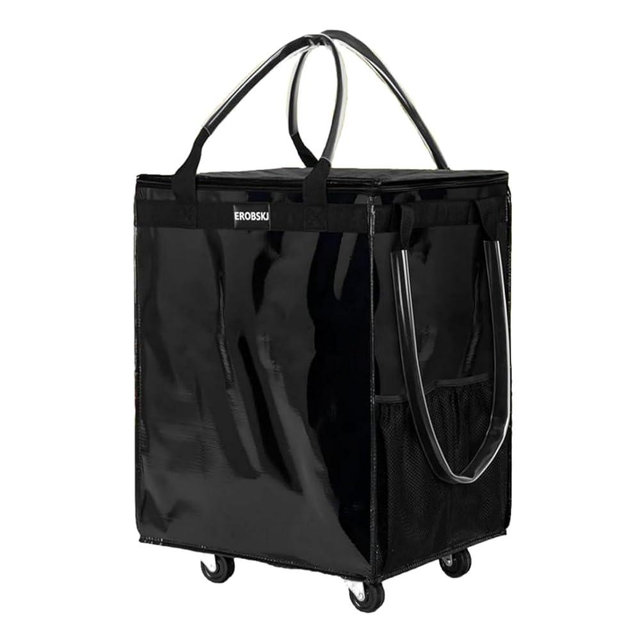 (Medium,Black) Reusable Grocery Bag on Wheels, 70L Foldable Rolling Tote, Carries Up to 66 lbs Shopping Trolley, Zipper Clouser Shopping Carts for Trips, Laundry, 4 Heavy Duty Wheels and 3 Handles