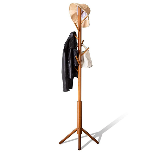 BMOSU Bamboo Coat Rack Freestanding Stand Tree Adjustable Coat with 3 Sections 8 Hooks Easy to Assemble Standing Coat Jackets Hanger for Bedroom Office Hallway Entryway Brown