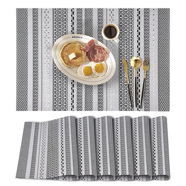 GRYPIT Placemats Set of 6 Indoor Plastic Table Mats Vinyl Woven Fabric Place Mats Heat Resistant Washable and Wipeable Clean for Spring Summer Kitchen Table Decoration (Black)