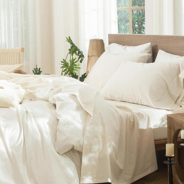 MooMee Striped Sheet Set 100% Washed Cotton Linen Like Textured Breathable Durable Soft Comfy (Almond Milk Grey Pinstripes, Queen)