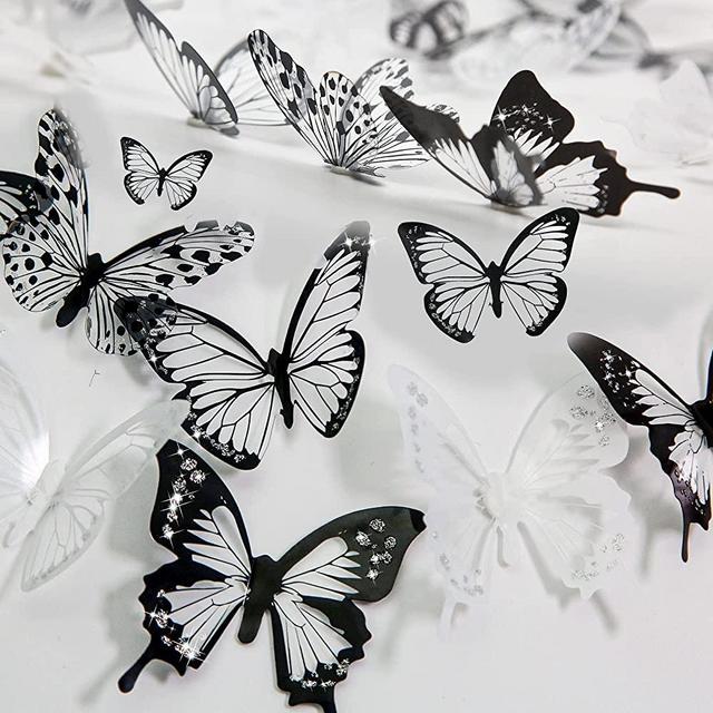 Aulynp 72 Pcs 3D Butterfly Wall Decor Stickers Black White Removable Butterfly Wall Decals Window Furniture Party Birthday Wedding Decoration for Bedroom Living Room Decors, with Sticky Dots