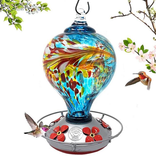 Grateful Gnome - Hummingbird Feeder - Hand Blown Glass - Large Blue Egg with Flowers - 36 Fluid Ounces