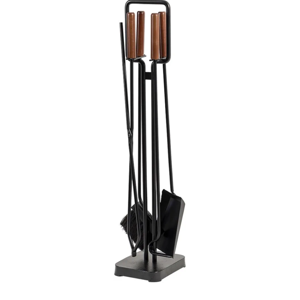 Modern Ember Levi 5 Piece Fireplace Tool Set in Black with Maple Wood Handles | Includes Brush, Shovel, Fire Poker, Tongs, and Stand | Heavy-Duty Steel | Heat-Resistant Powder Coating