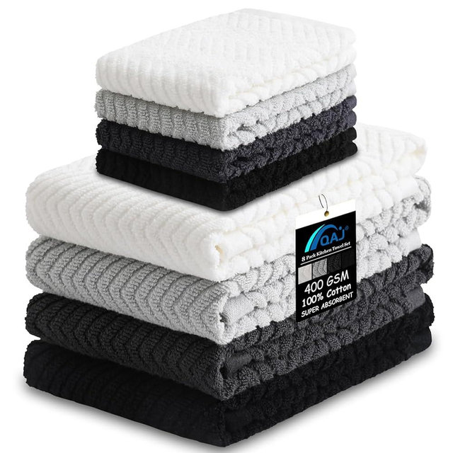 QAJ 100% Cotton Kitchen Towels and Dishcloths Set, Pack of 8 Super Absorbent 16" x 25" Kitchen Towels and 13" x 13" Dish Cloths (400 GSM)