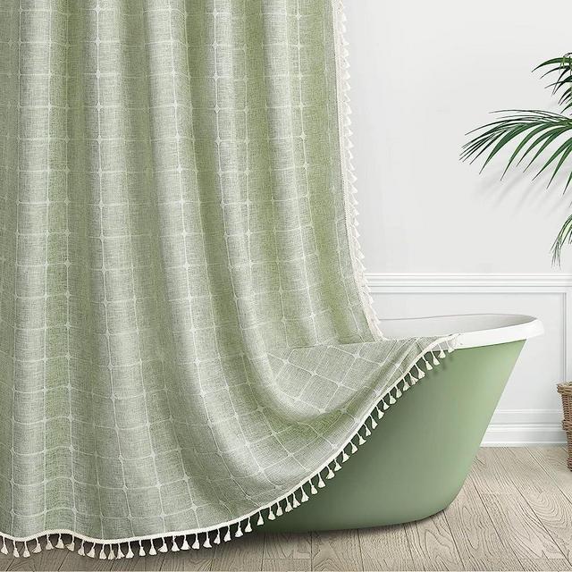 Awellife Sage Green Boho Farmhouse Shower Curtain - Premium Quality Heavy Duty Linen Cute Modern Chic Bathroom Shower Curtain Set Bohemian Rustic Cottage Country Bathroom Decor Machine Washable