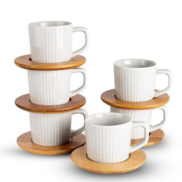 SOPRETY Porcelain Espresso Cup Set with Bamboo Saucers, Stripe Ceramic Tea Mug Coffee Cups 6pcs 3.4oz Gray