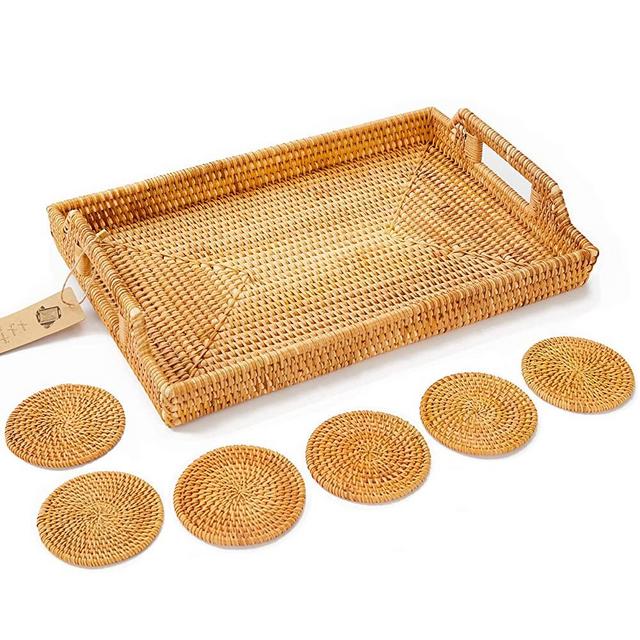 Large Rattan Tray with Rattan Coasters - Premium Flat Rectangular Serving Tray with Handles, Wicker Basket Tray 17''x11.4''x2'' Hand Woven Decorative Bed Tray for Coffee Table, Boho Tray by LYSCO