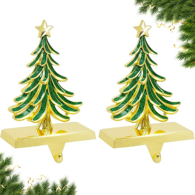 HEALSTOK Christmas Stocking Holders for Mantle Set of 2 Green Xmas Tree Stocking Hangers Sturdy Hooks with Gold Non-Slip Base for Fireplace Christmas Gifts Holiday Party Decoration