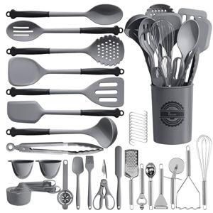 Kikcoin 43Pcs Large Kitchen Utensils Set - Silicone Cooking Utensils Set, Dishwasher Safe Spatula Set for Non-stick Cookware, 446°F Heat Resistant Kitchen Utensils Set with Holder BPA Free, Grey