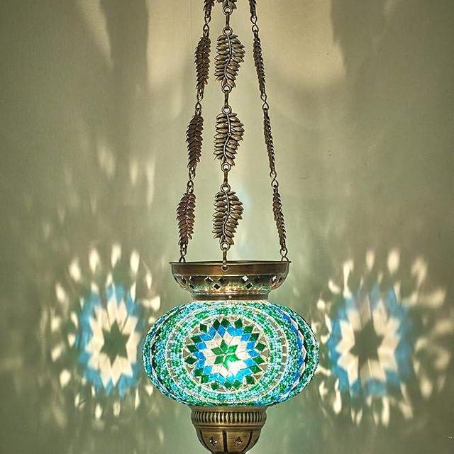 DEMMEX Turkish Moroccan Colorful Mosaic Bohemian Boho Hanging Candle Holder Lantern with Handmade Colorful Glass Globe and Metal Leaf Chains, 24" (Cutsie)