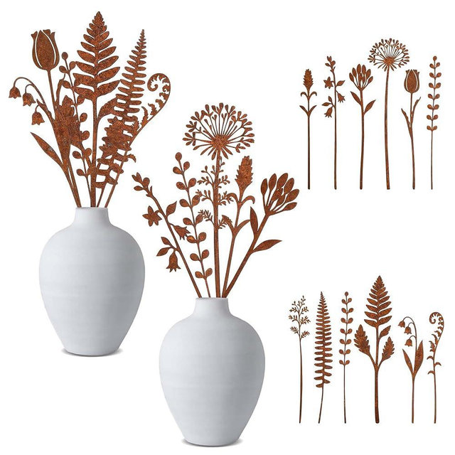 Mizelu 12 Pcs Rusty Metal Flowers and Plants, Rustic Metal Fern Leaf Garden Stakes, Rusty Plant Shaped Decoration for Flower Arrangement Potted Plants Outdoor Lawn Yard Courtyard Art