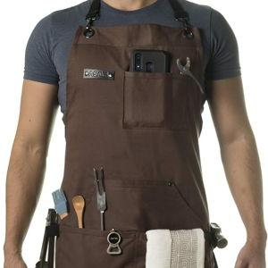 Asaya Chef and BBQ Apron with Bottle Opener and Hand Towel - 10oz Cotton Canvas, Stainless Steel Hardware - Cross Back Straps
