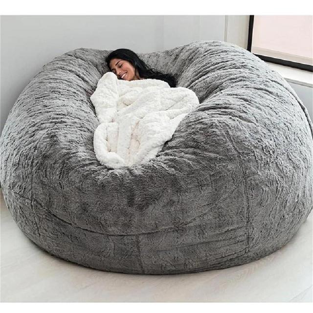 Giant Fur Bean Bag Chair Cover for Kids Adults, (No Filler) Living Room Furniture Big Round Soft Fluffy Faux Fur Beanbag Lazy Sofa Bed Cover (Light Grey, 7FT)