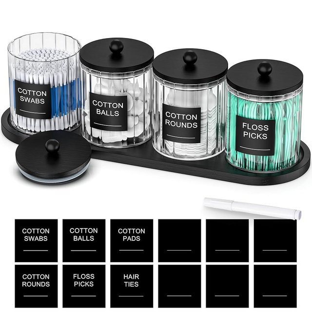 masadi 4 Pack Glass Qtip Holder Set with Tray- Bathroom Countertop Set Organizers, Cotton Round Swab Holder Dispenser Cotton Ball Holder, Apothecary Jars with Lids, Floss Pick Containers - ms Black
