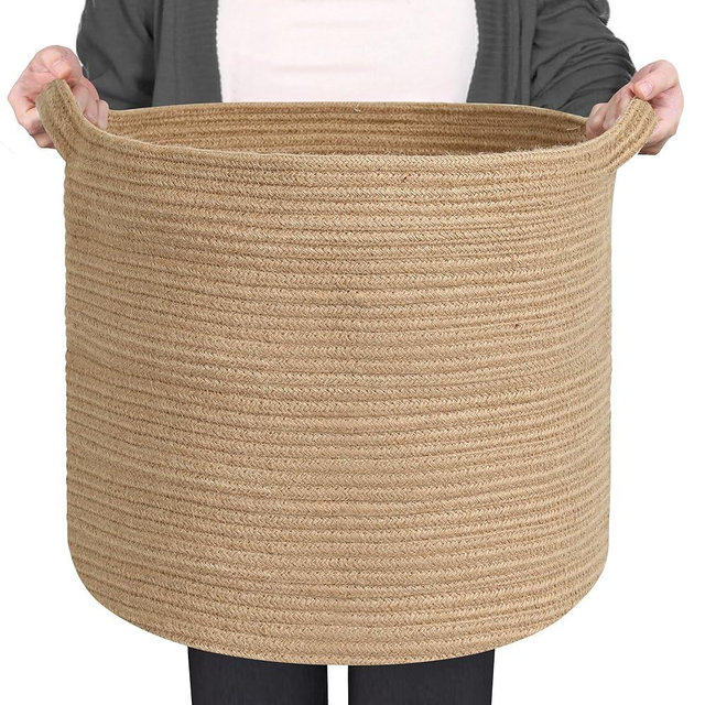 MEGASKET Large Wicker Storage Basket, 16" x 14" Jute Woven Basket with Handle, Living Room Blanket Storage, Big Wicker Laundry Basket, Kids Toy Bin Box Organizer, Decorative Round Baskets for Decor