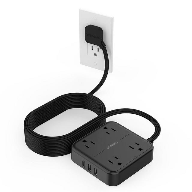 Long Black Flat Extension Cord 15 ft, TESSAN Surge Protector Power Strip 15 Feet with 4 Outlets 3 USB Ports (1 USB C), 3 Prong Flat Wall Plug with Surge Protection, Wall Mount Indoor Office Essentials