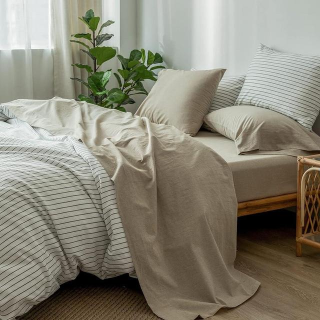 MooMee Bedding Sheet Set 100% Washed Cotton Linen Like Textured Breathable Durable Soft Comfy (Khaki, Queen)