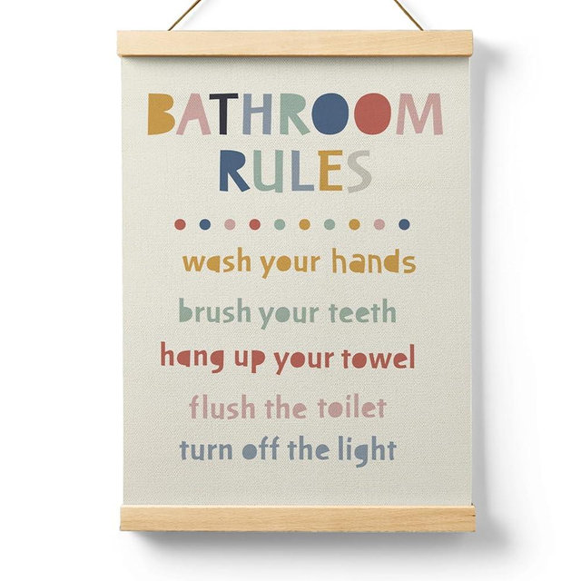 Ryeolo Kids Bathroom Wooden Poster Hanger Frame 12.5x17 Inch, Rules Wall Art Decor for Toddler Boy Girl, Colorful Decor