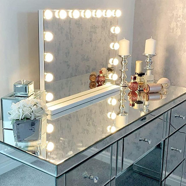 Hansong Large Vanity Makeup Mirror with Lights,Hollywood Lighted Dressing Tabletop Mirror or Wall Mounted Beauty Mirrors with 15 pcs Led Bulbs,Detachable 10X Magnification Spot Cosmetic Mirror