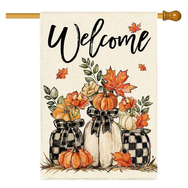 Cloudfomila Thanksgiving Fall Harvest Pumpkin Welcome House Flag 28 x 40 Inch, Autumn Floral Plaid Vase Burlap Double Sided Large Flag Yard Garden Farmhouse Seasonal Holiday Patio Outside Decoration