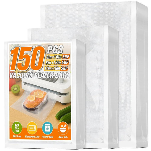 FUNFERY Precut Vacuum Sealer Bags for Food, 150 Pint 6" x 10" and Quart 8" x 12" and Gallon 11" x 16", Food Long-Term Storage and Sous Vide Commercial-Grade Bag, BPA Free