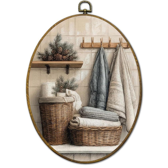QZQE Laundry Room Oval Wall Art Decor Framed, Rustic Farmhouse Oval Canvas Prints, Neutral Country Cottagecore Laundry Basket Wall Hanging Decor for Bathroom Washroom Restroom, 8.6x11.4 Inch