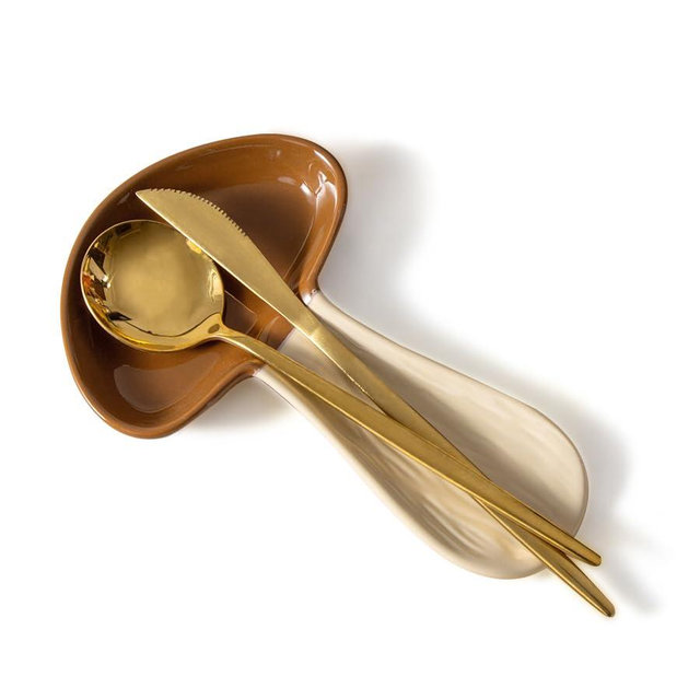 YumiPLUS Mushroom Spoon Rest for Kitchen Counter,Ceramic Spoon Holder for Stove Top,Cute Spatula Rest for housewarming,Large Porcelain Utensil Rest,Easy to Clean,Dishwasher Safe(Brown)