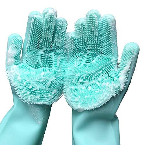 Cleaning Sponge Gloves, Silicone Reusable Cleaning Brush Heat Resistant Scrubber Gloves for Housework, Dishwashing, Kitchen Clean, Bathroom, Bathing, Car Washing, Window cleaning. 1 Pair (13.6" Large)