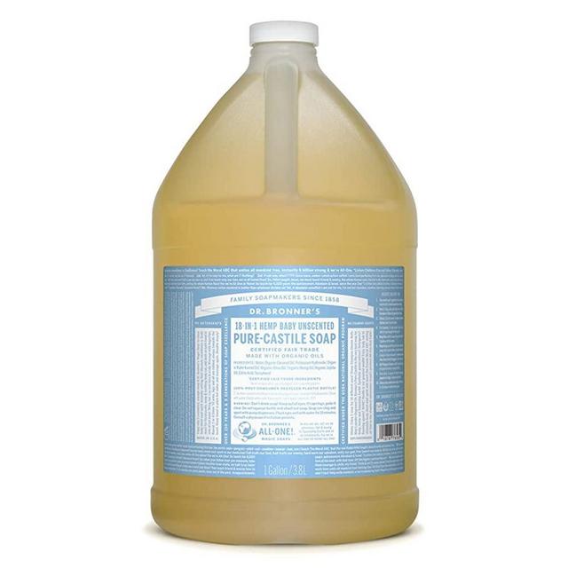 Dr. Bronner’s - Pure-Castile Liquid Soap (Baby Unscented, 1 Gallon) - Made with Organic Oils, 18-in-1 Uses: Face, Hair, Laundry and Dishes, For Sensitive Skin and Babies, No Added Fragrance, Vegan