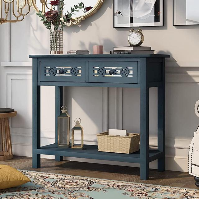 LUMISOL Small Console Table with Two Drawers and Bottom Shelf, Retro Narrow Entryway Table Sofa Table for Hallway Living Room (Navy)