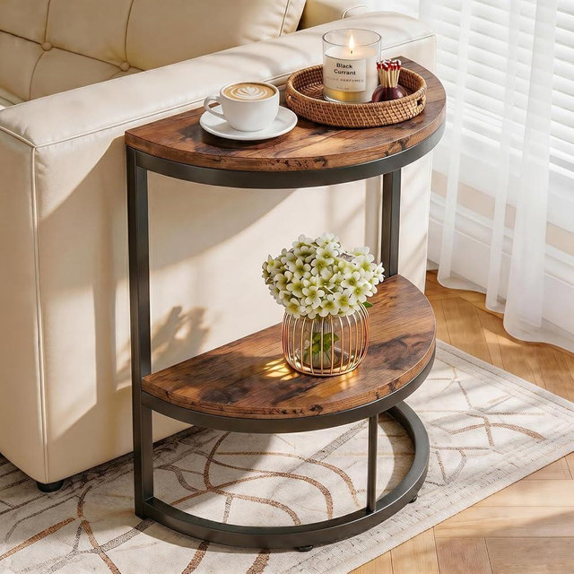 TooCust Half Round End Table for Living Room, 9.8" D x 19.7" W x 24" H, 2-Tier Small Half Circle Table with Storage Shelf, Half Moon Table with Metal Frame, Round Coffee Table for Couch, Bedroom