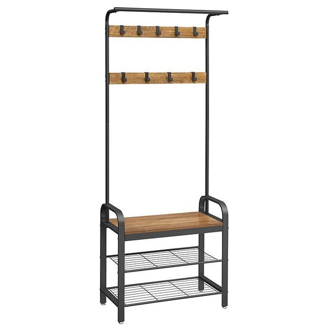 VASAGLE Coat Rack, Hall Tree with Shoe Bench for Entryway, Industrial Accent Furniture with Steel Frame, 3-in-1 Design, Easy Assembly, Rustic Walnut and Black UHSR040B41