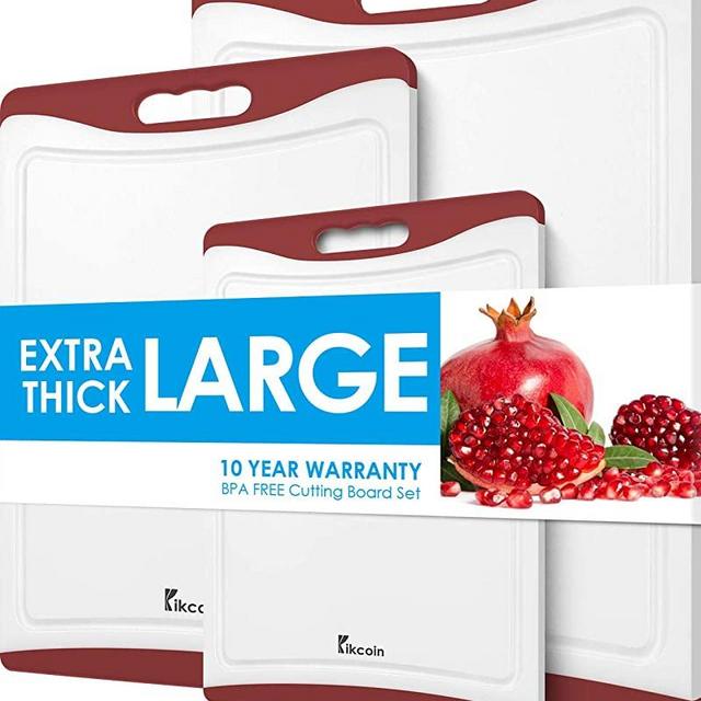 Extra Large Cutting Board, Plastic Cutting Board for Kitchen Dishwasher Safe Non Slip Chopping Board Set of 3 with Juice Grooves, Easy Grip Handle, Red, Kikcoin