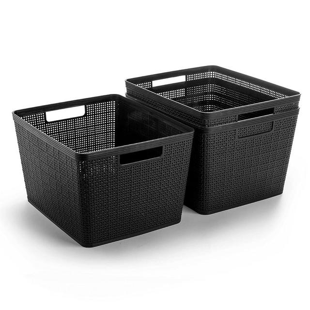 BINO | Woven Plastic Basket | Large (Black), 3-Pack | THE JUTE COLLECTION | Home Organization, Space - Saving Storage, Stylish Design | Jute Basket | Plastic Storage Basket