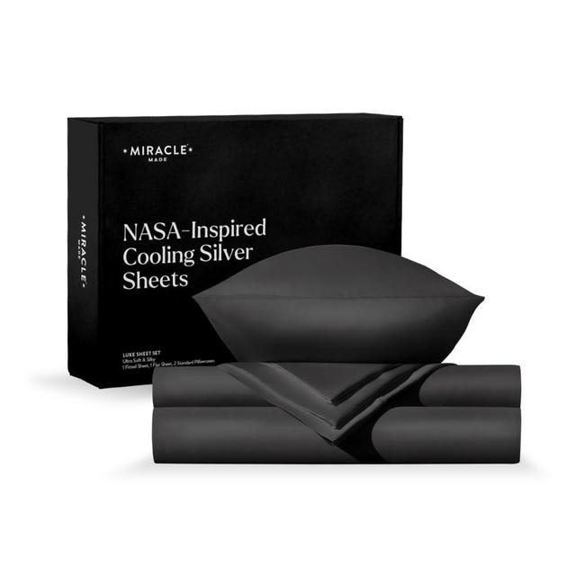 Miracle Made® Luxe Cooling Bed Sheets –Charcoal, Queen– 4 Piece Linen Silver Infused, 300-Thread-Count Miracle Clean & Cool ™ Eucalyptus Fabric Sensitive Skin Ultra-Breathable Bedding